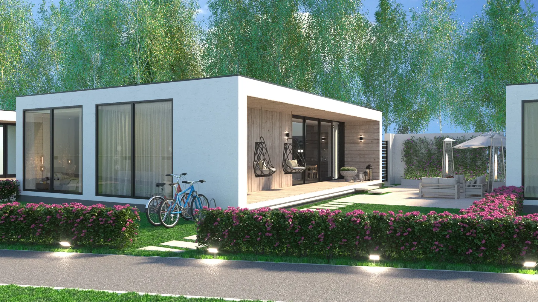 3D view of a modular home with full-height windows, a private terrace and landscaped garden