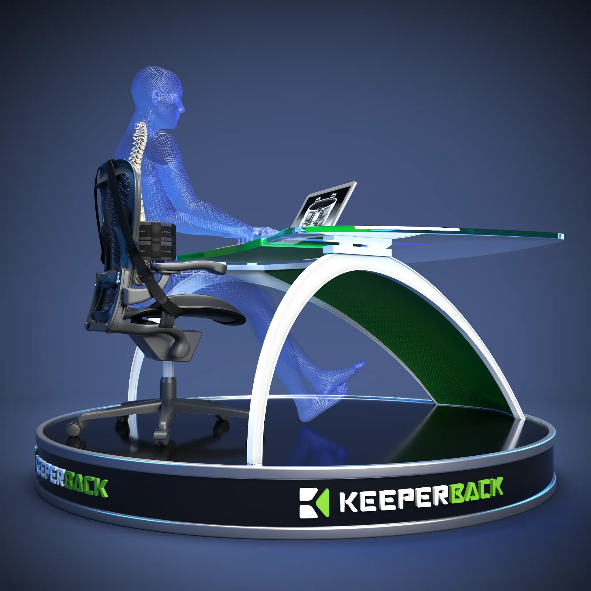 Keeperback — ergonomic support shown at a workstation