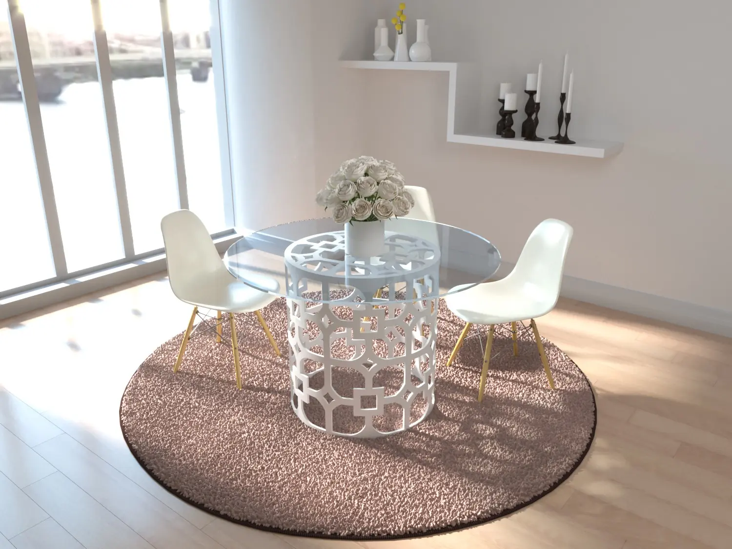 Designer Tables — Glass dining table with a geometric metal base beside a window