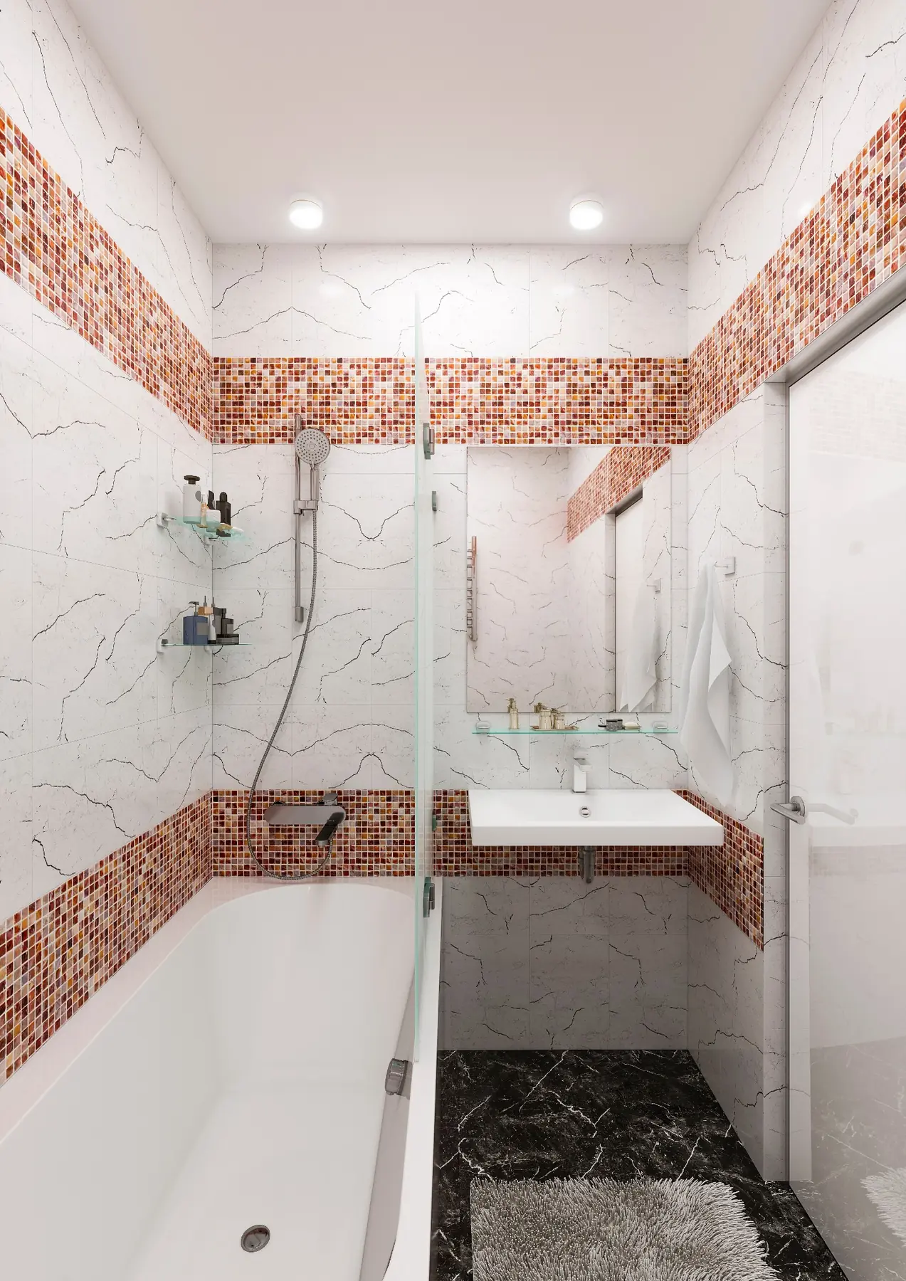 Bath and vanity framed by red mosaic bands and white marble-look tiles
