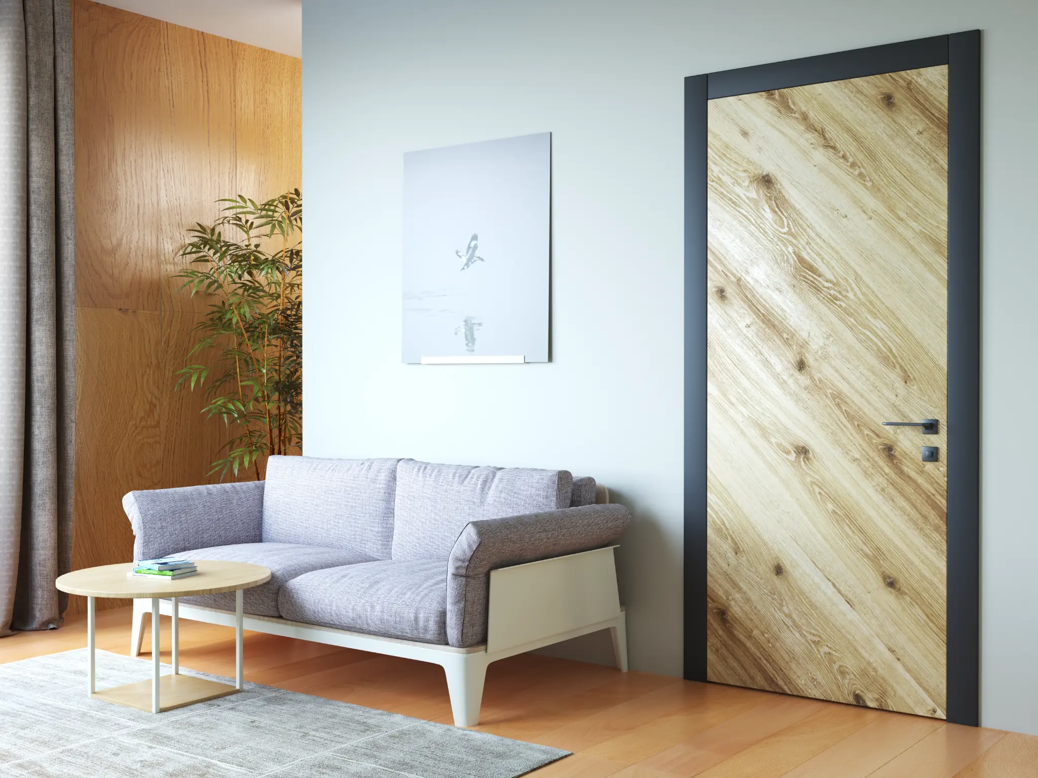 Interior Door Visualization — oak door with a black frame in a bright living room