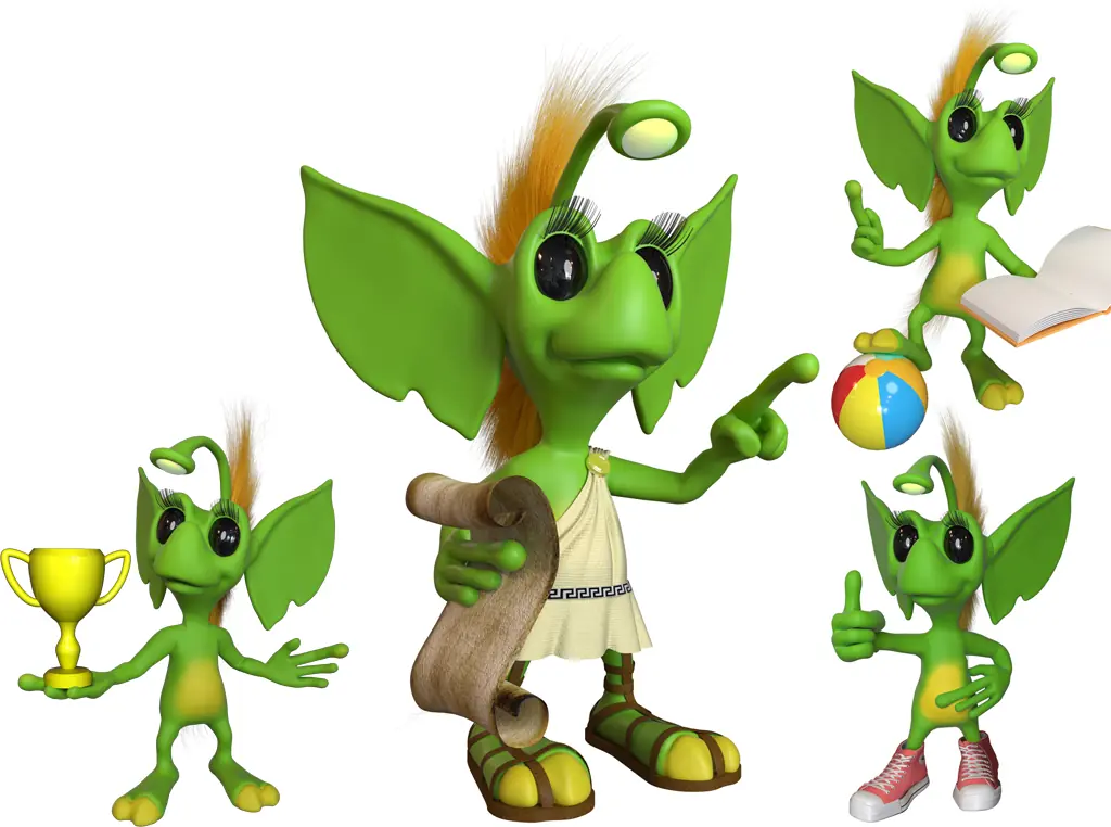 Green 3D mascot in a character presentation with different outfits, a book, a ball and a trophy