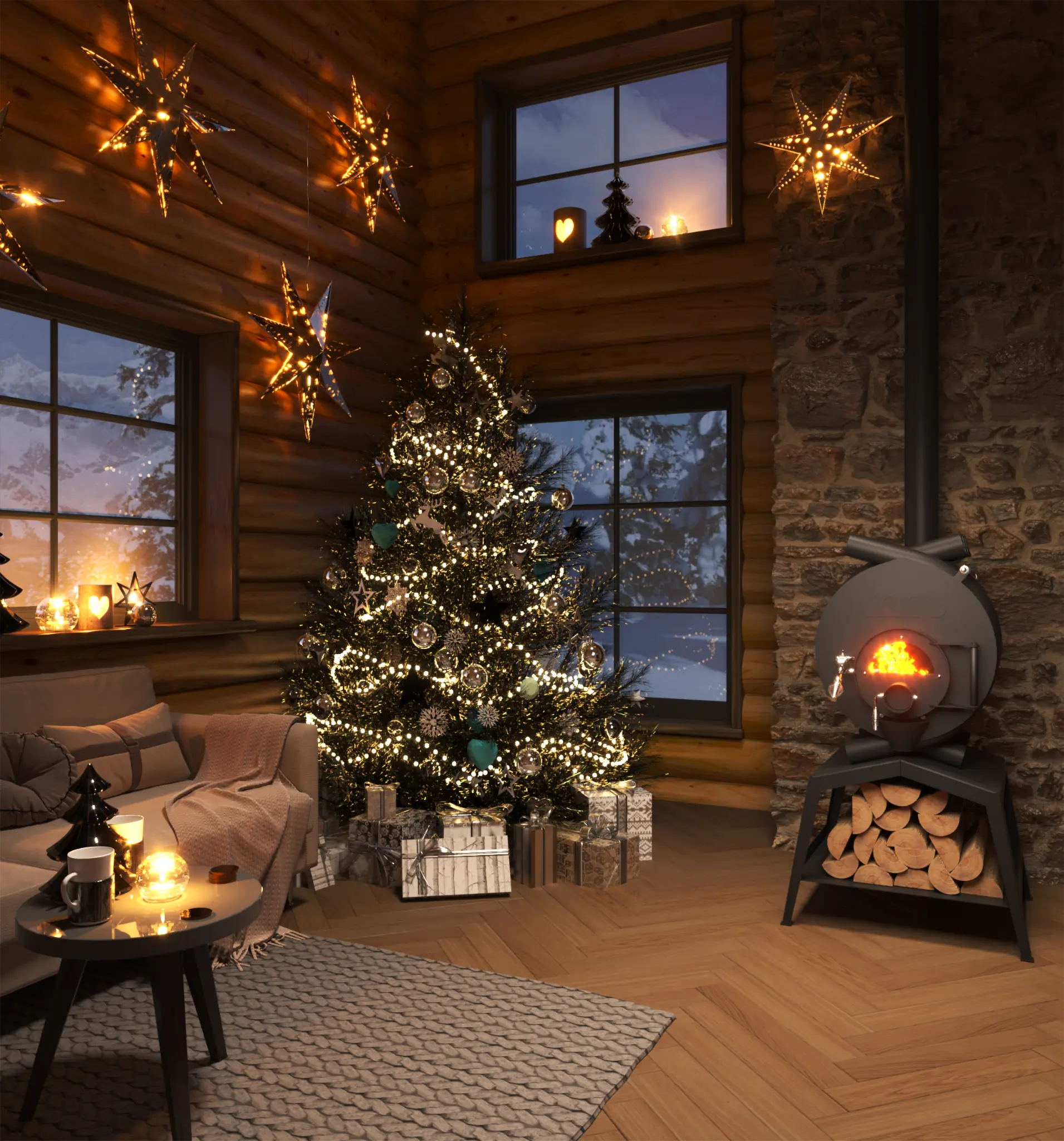 Solid-Fuel Stoves and Firewood Racks — Polar stove in a holiday living-room interior