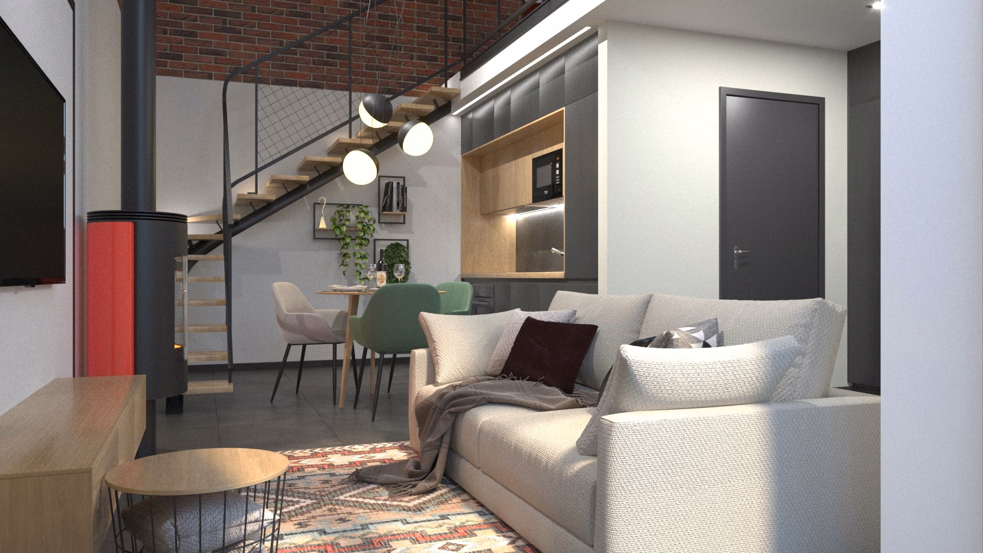 Living room with a light sofa, patterned rug and view toward the kitchen and stairs